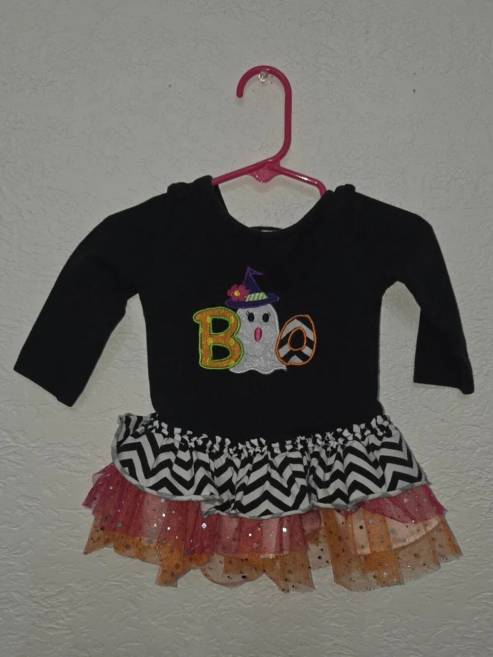 Bonnie Baby Black Ghost 'Boo' Halloween Tutu Dress with Pink & Orange Tulle 12 M